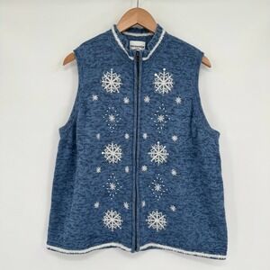 Breckenridge Blue Snowflake Beaded‎ Knit Christmas Sweater Vest Women's Sz 2X